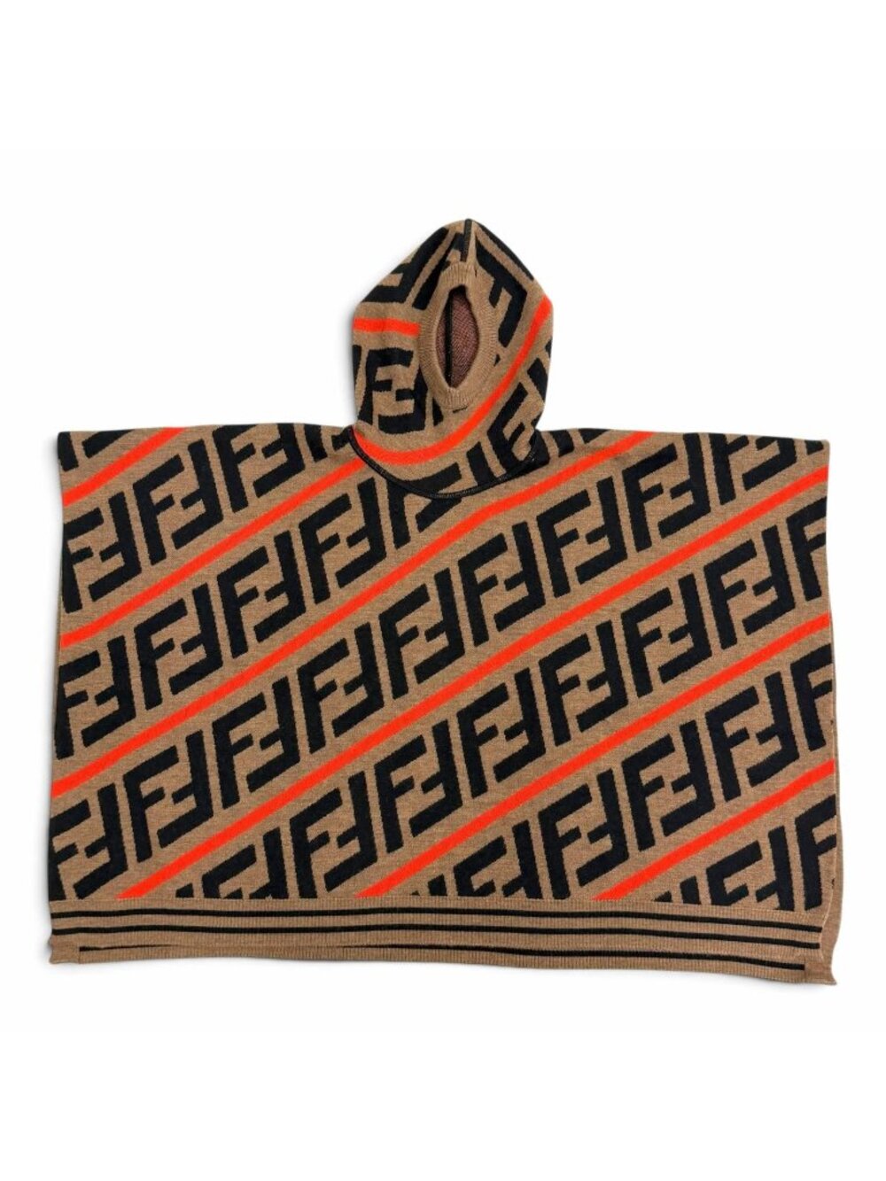 Fendi Cotton FF Logo Zucca Pattern Hooded Knit Poncho Brown Black 2 Kids